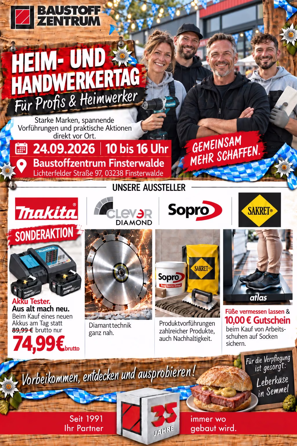 Flyer Heim- und Handwerkertag: Team des Baustoffzentrums vor dem Standort Finsterwalde, mit Ausstellern Makita, Clever Diamond, Sopro und Sakret