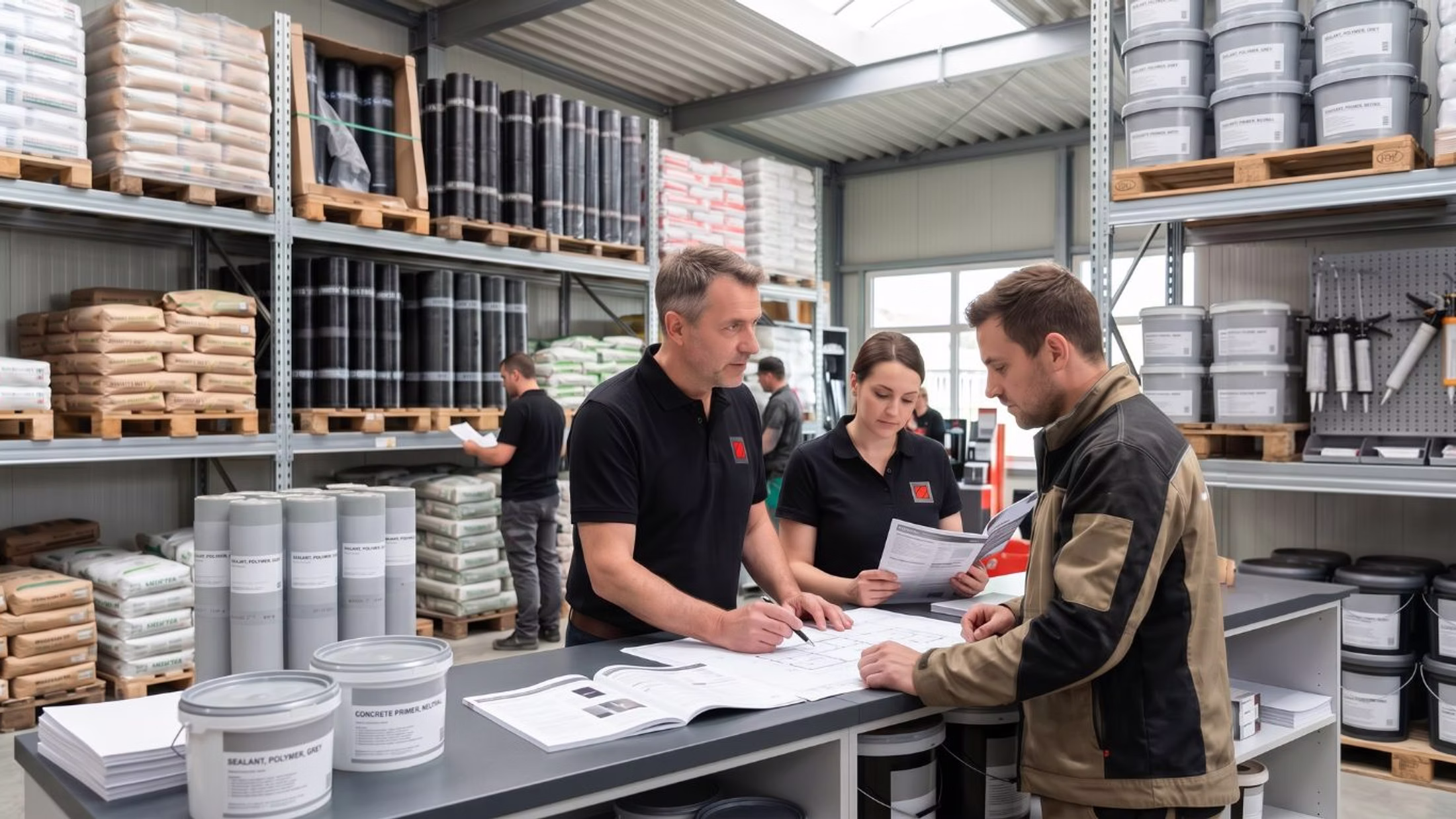 Fachberater bespricht Bauchemie-Produkte mit Kunden im Lager