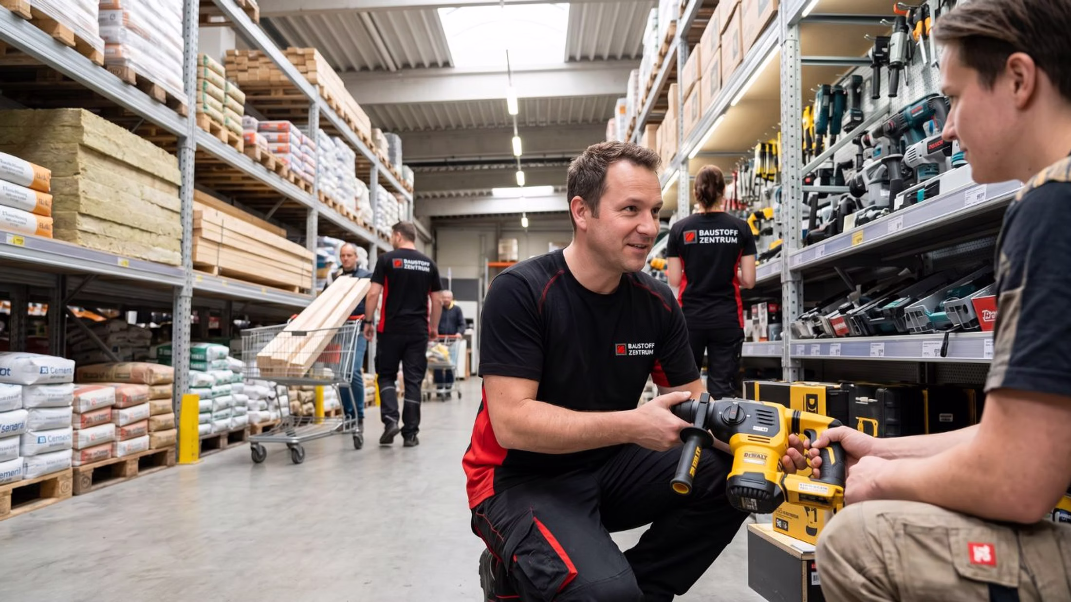 Fachberater zeigt einem Kunden ein Elektrowerkzeug im Lager