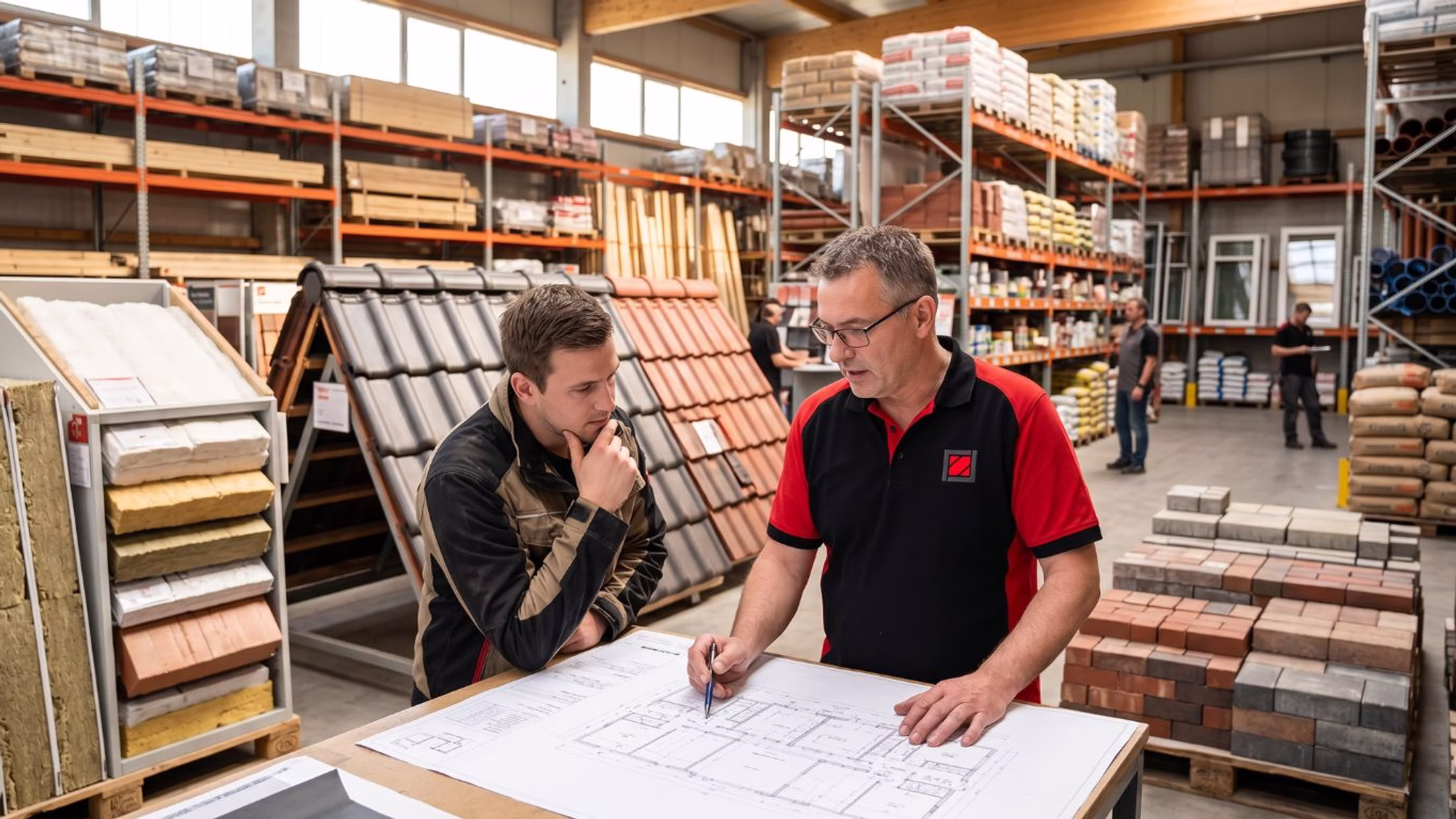 Fachberater bespricht Baupläne mit einem Kunden im Hochbau-Lager
