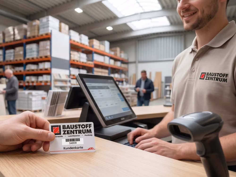 Übergabe der Baustoffzentrum-Kundenkarte an der Kasse