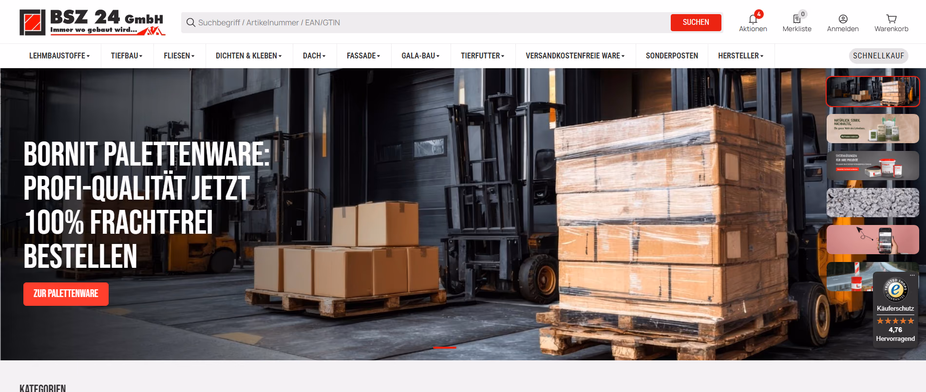 Startseite des Onlineshops baustoffe-kaufen.shop mit Kategorien, Aktionsbannern und einer Kundenbewertung von 4,76 von 5 Sternen