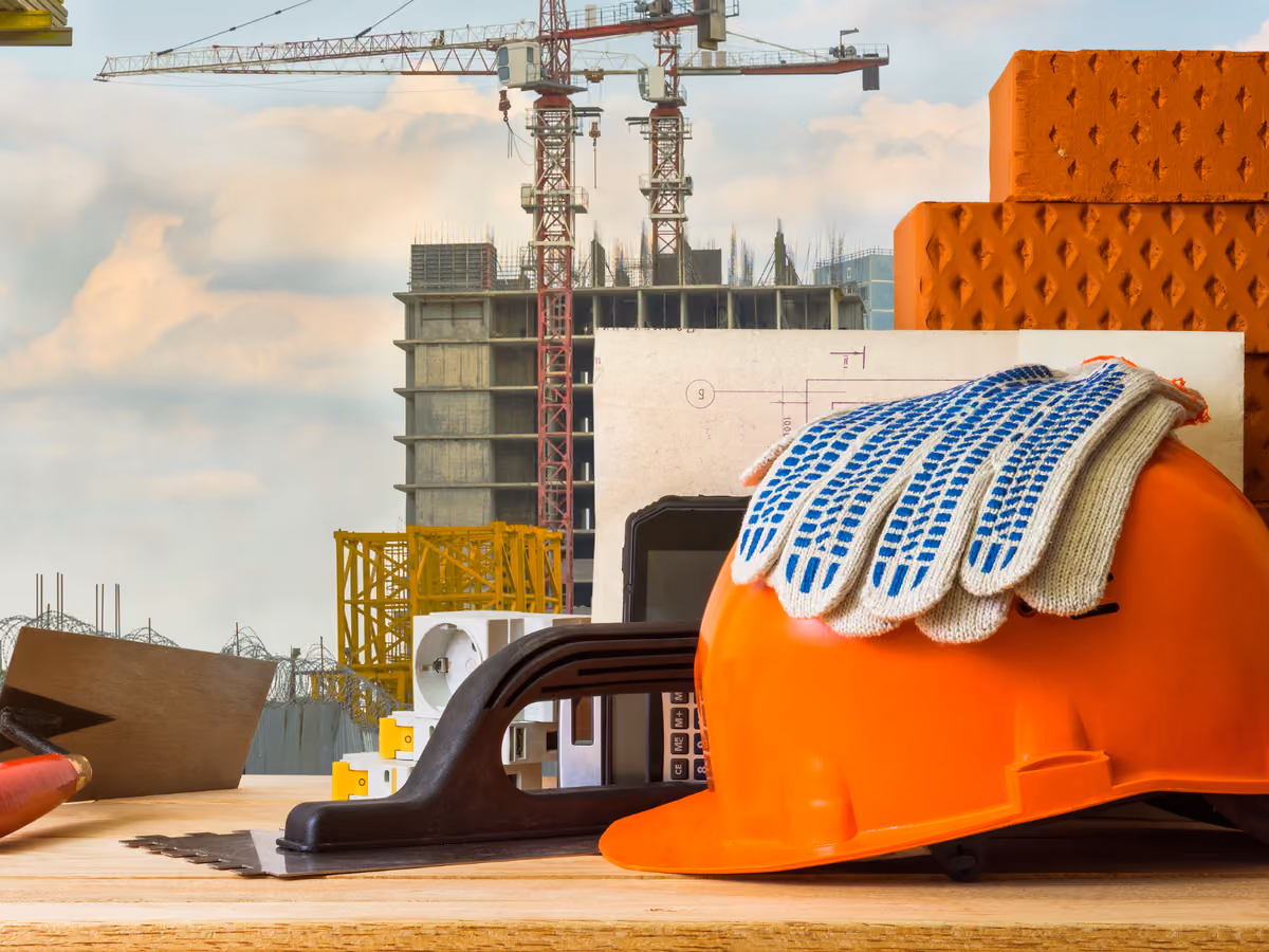 Werkzeug, Schutzhelm und Mauersteine auf der Baustelle